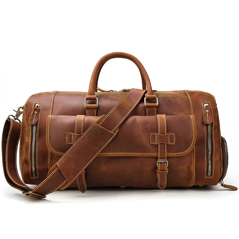 Retro Crazy Horse Leather Travel Bag with Separate Shoe Compartment