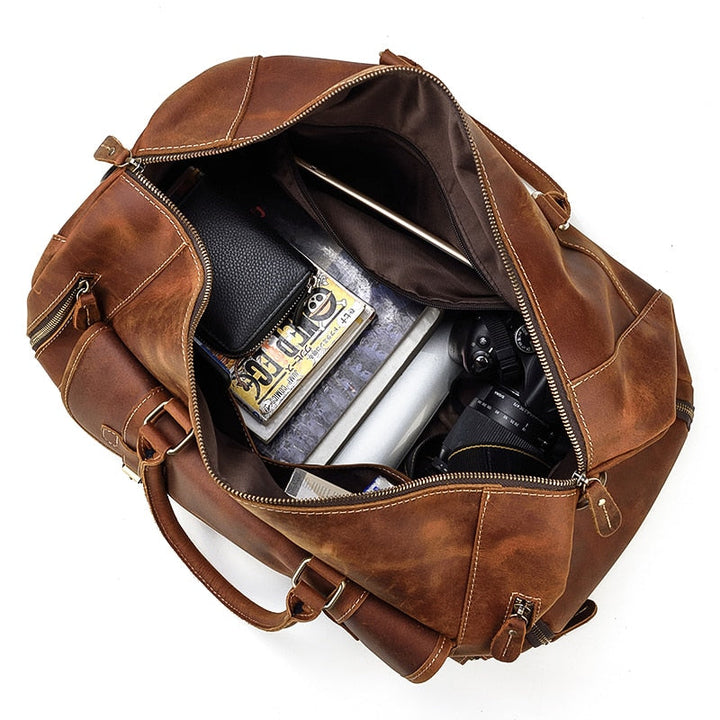 Retro Crazy Horse Leather Travel Bag with Separate Shoe Compartment