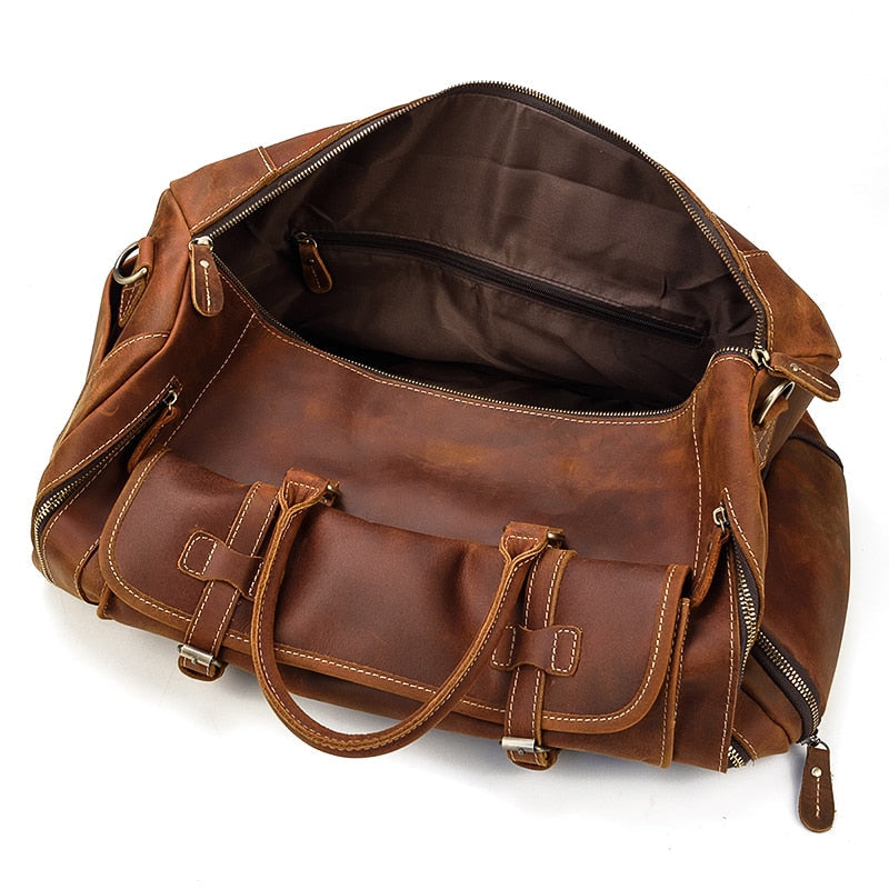 Retro Crazy Horse Leather Travel Bag with Separate Shoe Compartment