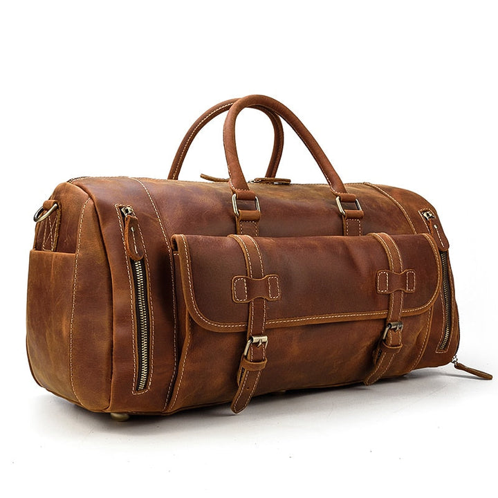 Retro Crazy Horse Leather Travel Bag with Separate Shoe Compartment