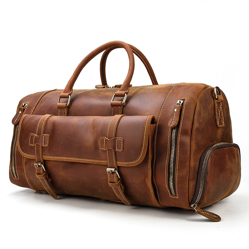 Retro Crazy Horse Leather Travel Bag with Separate Shoe Compartment