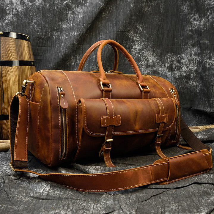 Retro Crazy Horse Leather Travel Bag with Separate Shoe Compartment