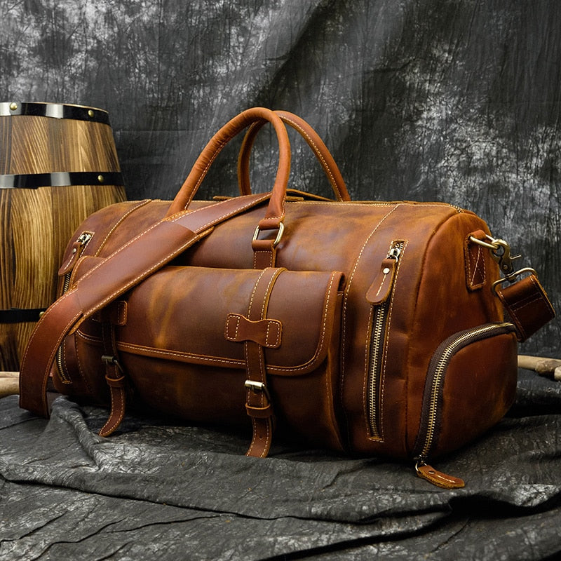 Retro Crazy Horse Leather Travel Bag with Separate Shoe Compartment