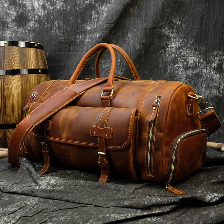 Retro Crazy Horse Leather Travel Bag with Separate Shoe Compartment