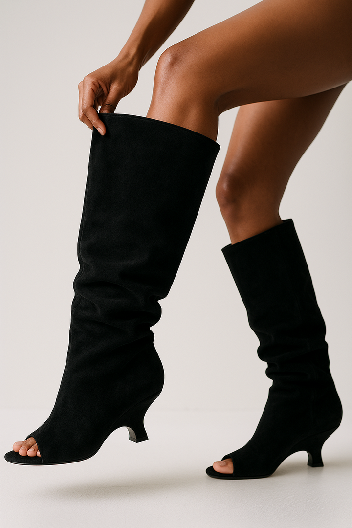 Peep Toe Knee-High Faux Suede Boots