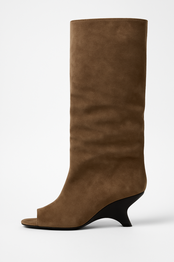 Peep Toe Knee-High Faux Suede Boots
