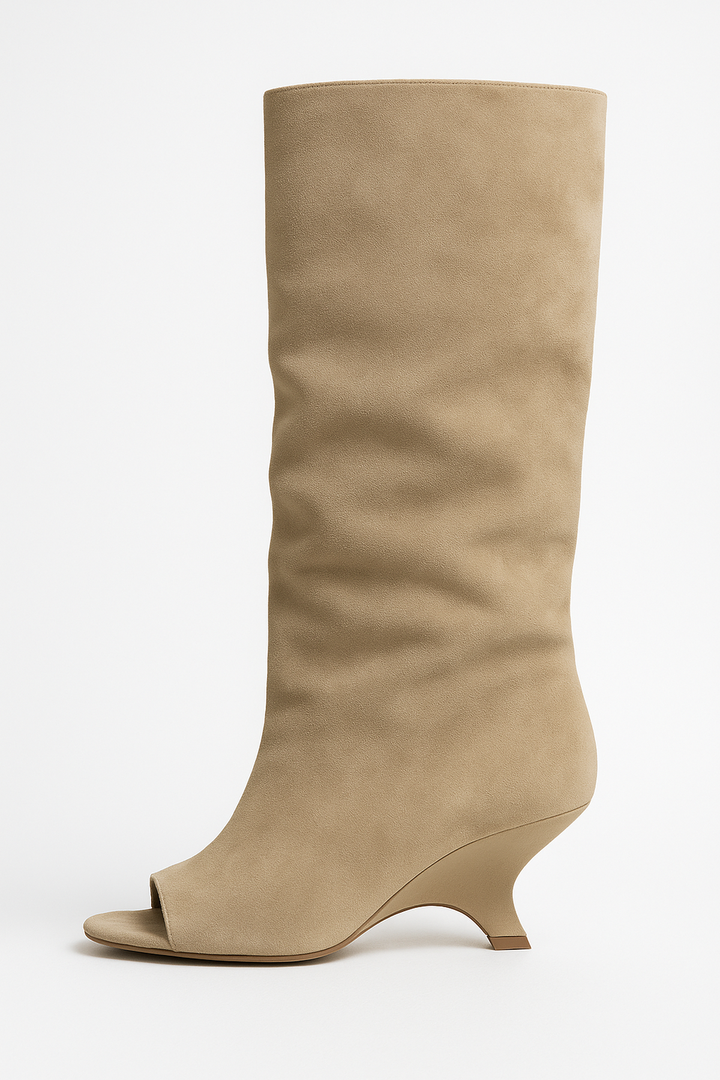 Peep Toe Knee-High Faux Suede Boots