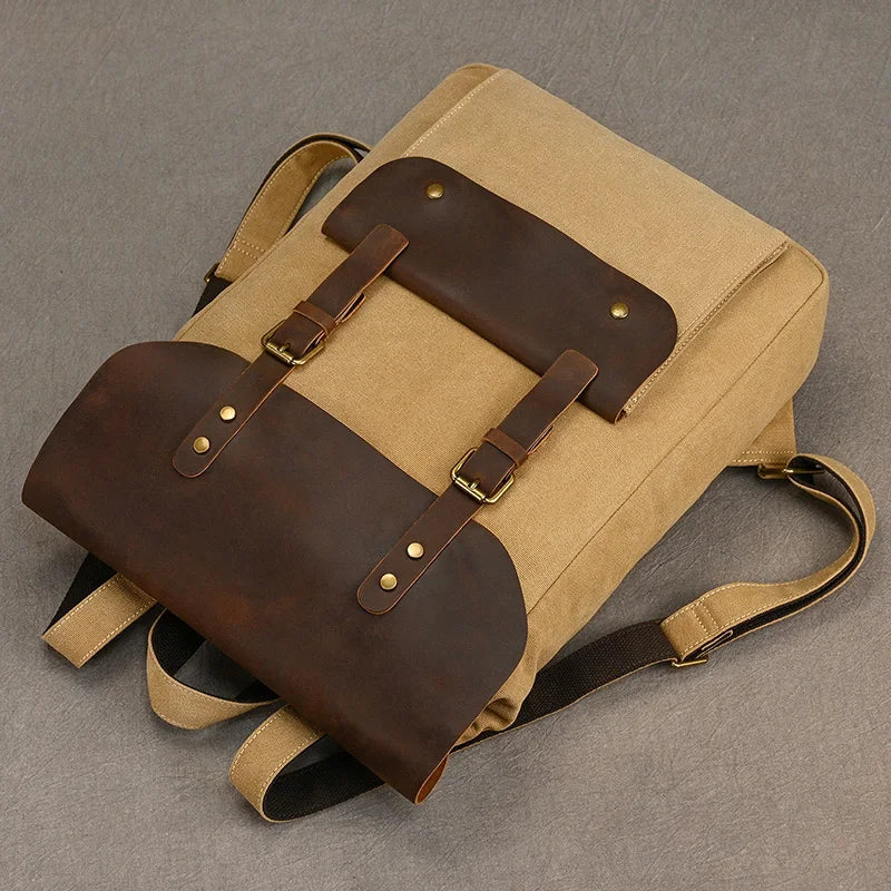 Authentic Leather and Canvas Backpack | Vintage College Laptop Backpack