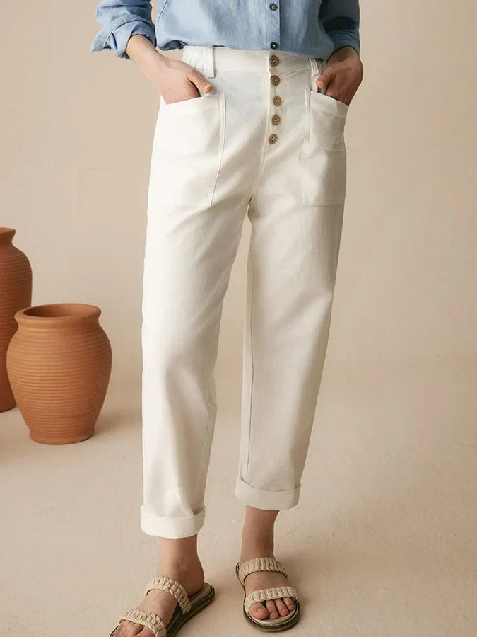 Women's Linen Straight Pants with Buttons