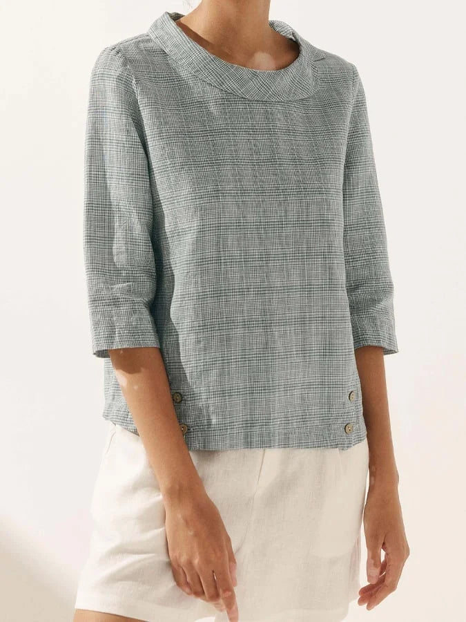 Women's Linen Checkered Blouse with Soft Crew Neck