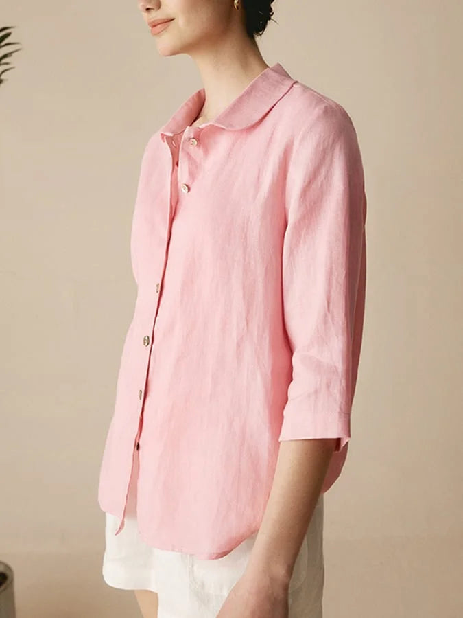 Women's Casual Linen Shirt with Peter Pan Collar and 3/4 Sleeves