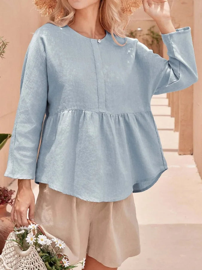 Women's Linen Long Sleeve Crew Neck Blouse