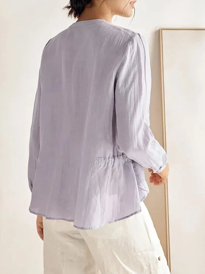 Linen Women's Shirt with Round Neck and Layered Waist Detail