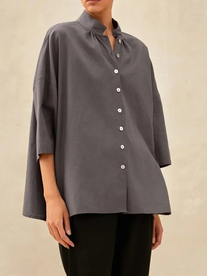 Linen Casual Button Smooth Color Blouse