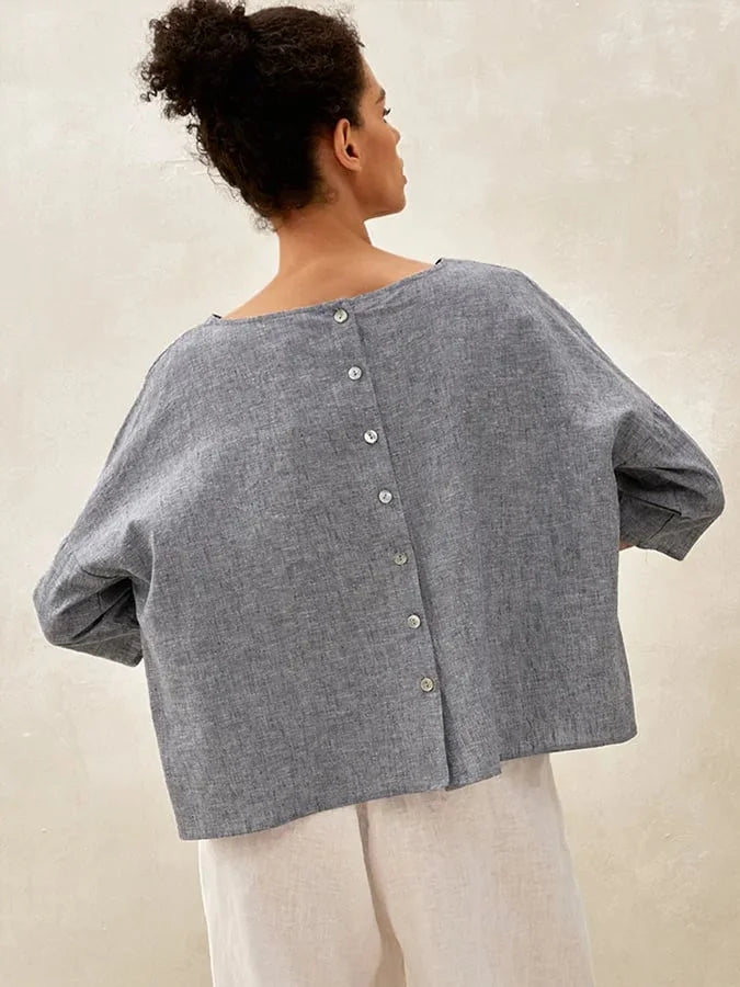 Women's Linen Casual Blouse with Round Neck and Long Sleeves