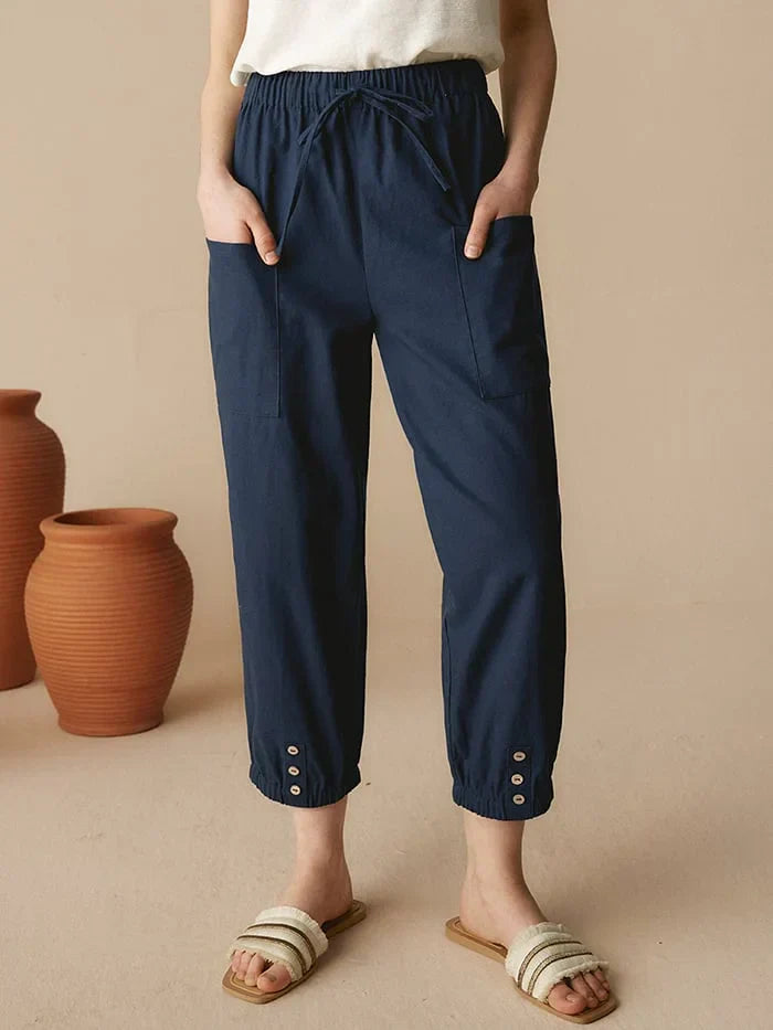 Women's Linen Straight Pants with Buttons 3/4