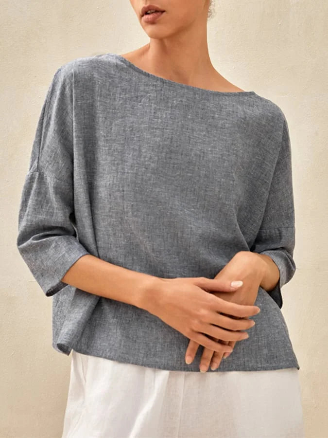 Women's Linen Casual Blouse with Round Neck and Long Sleeves
