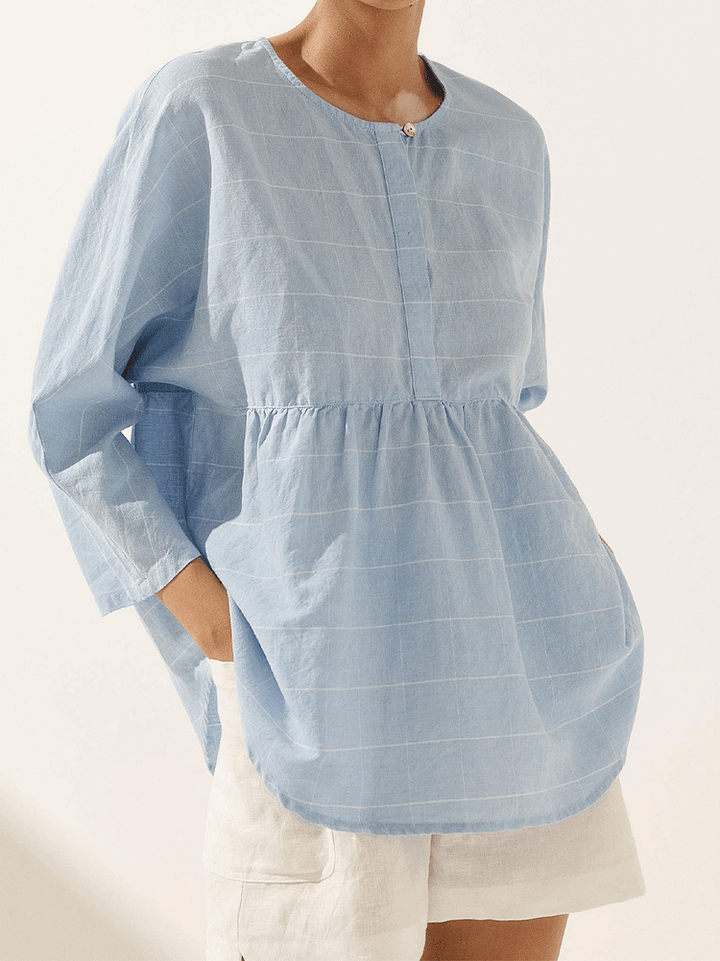 Women's Casual Checked Classic Linen Button-Down Shirt with Round Neck