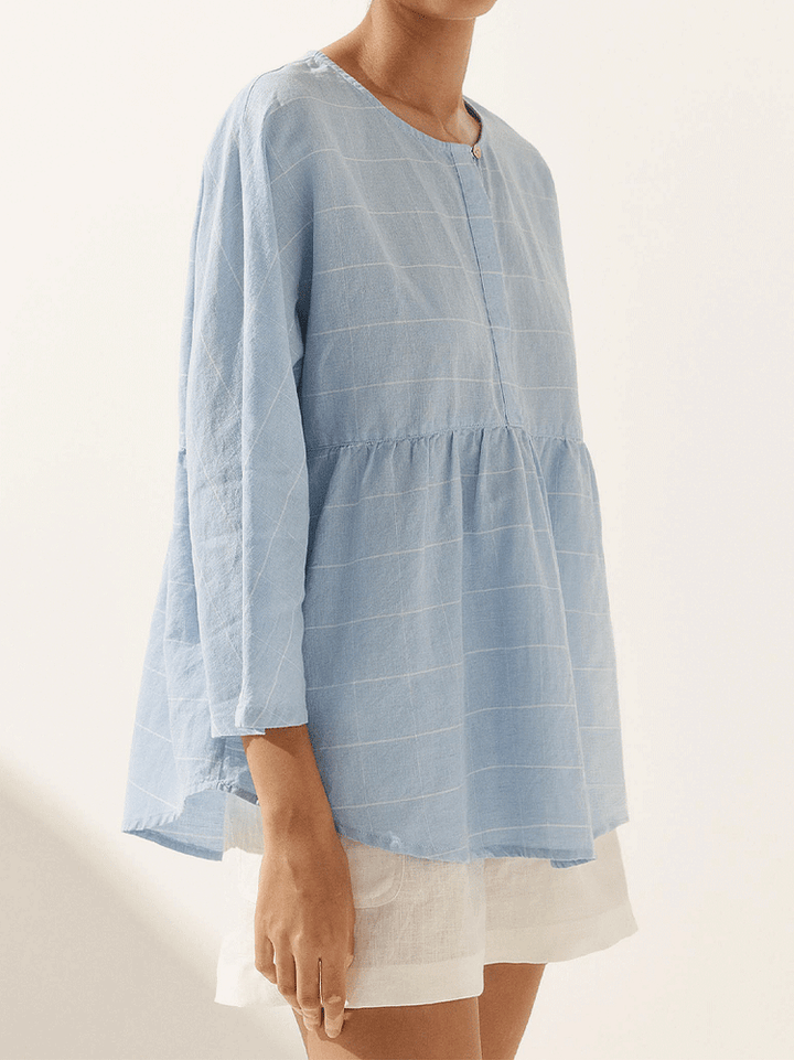 Women's Casual Checked Classic Linen Button-Down Shirt with Round Neck