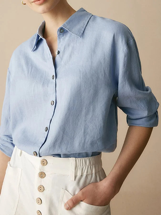 Women's Casual Linen Shirt with Lapels and Long Sleeves