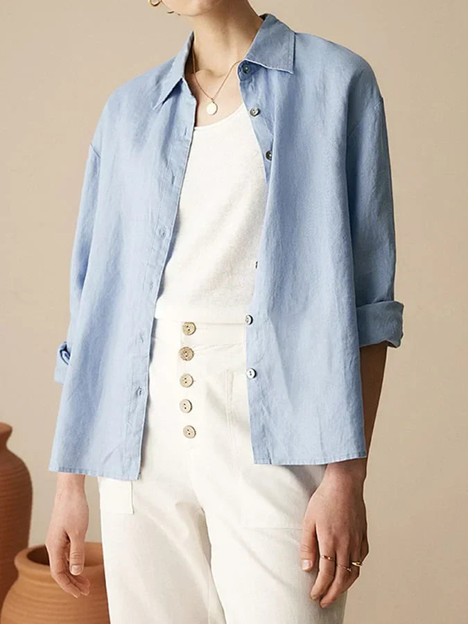 Women's Casual Linen Shirt with Lapels and Long Sleeves