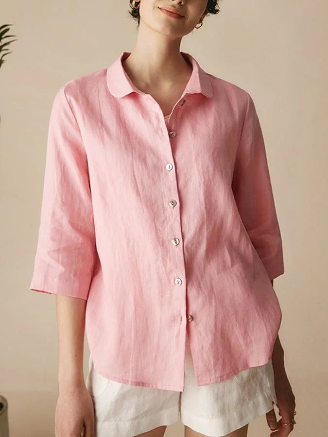 Women's Casual Linen Shirt with Peter Pan Collar and 3/4 Sleeves