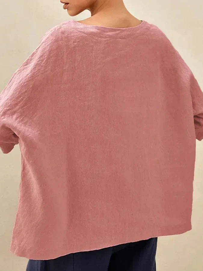 Women's Linen Blouse with Boat Neck and Three-Quarter Sleeves
