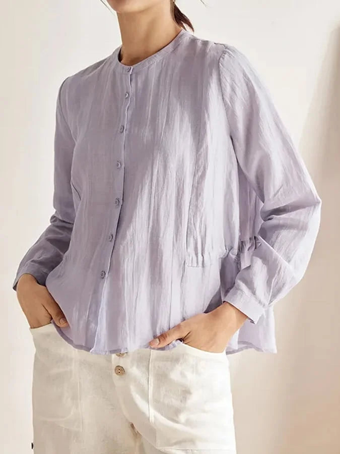 Linen Women's Shirt with Round Neck and Layered Waist Detail