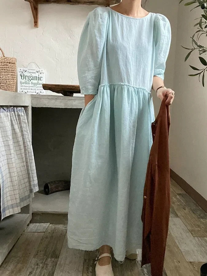 Loose Cotton Dress with Three-Quarter Sleeves