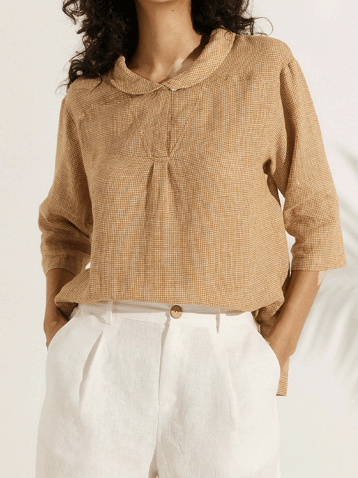 Women's Casual Checked Linen Classic Collar Shirt
