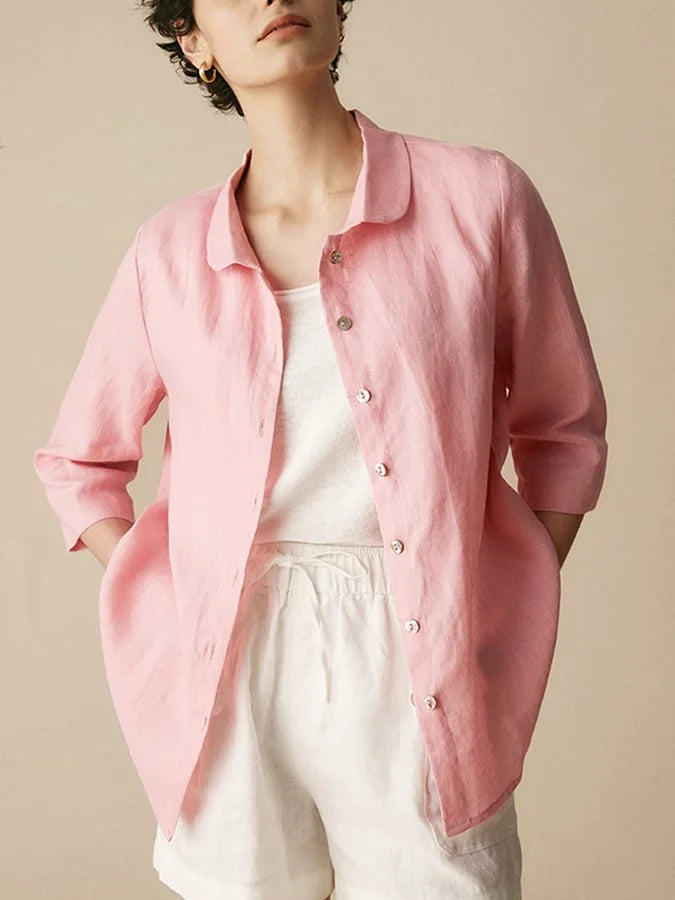 Women's Casual Linen Shirt with Peter Pan Collar and 3/4 Sleeves